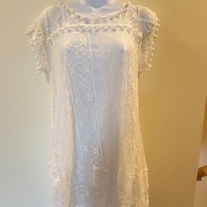 White Lace Dress with Pom Pom Details
